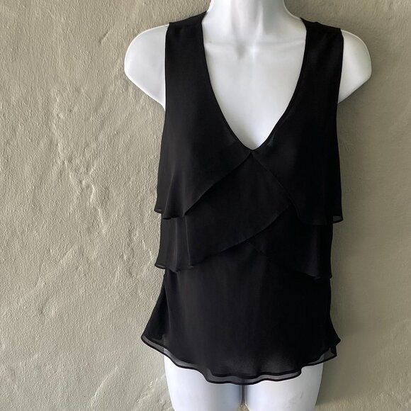 ANN TAYLOR LOFT BLACK SHEER LAYERED RUFFLE SLEEVELESS BLOUSE' - Picture 2 of 3